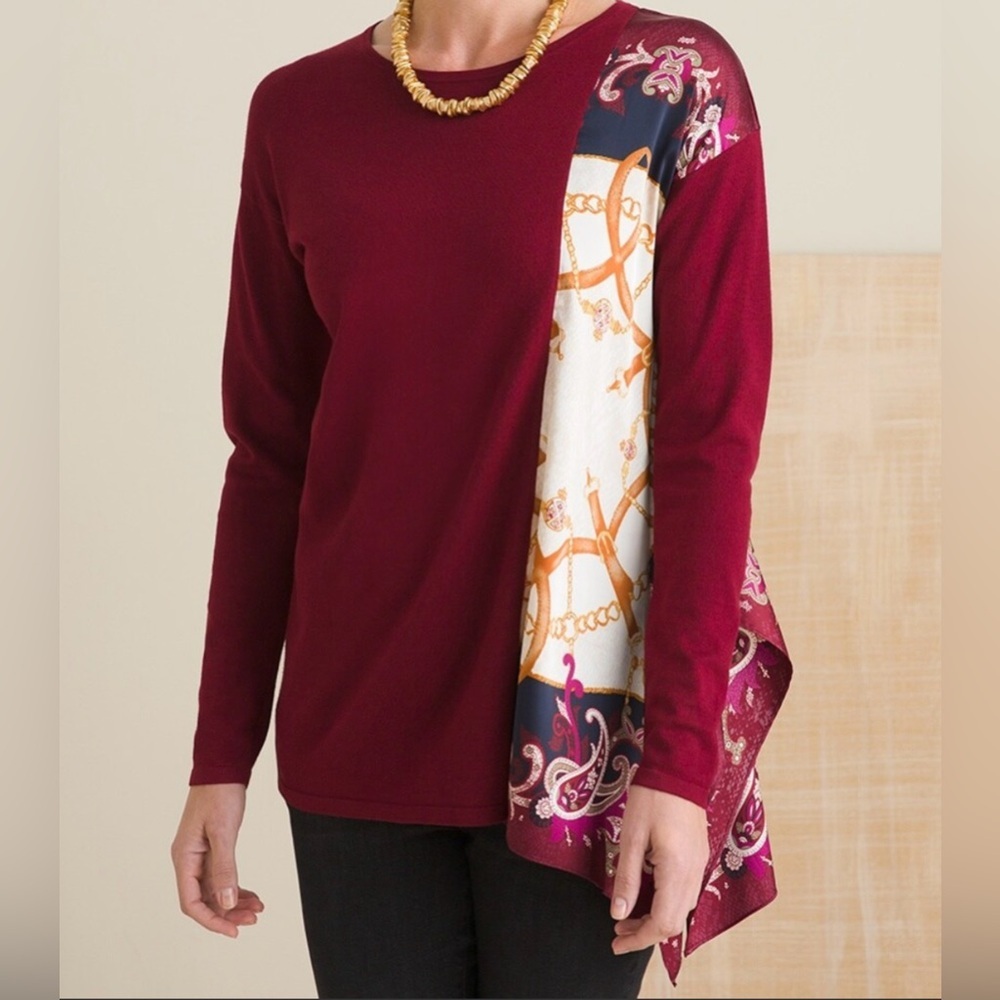 Chicos  Sweater Maroon Paisley Contrast Side Tail Pullover size medium